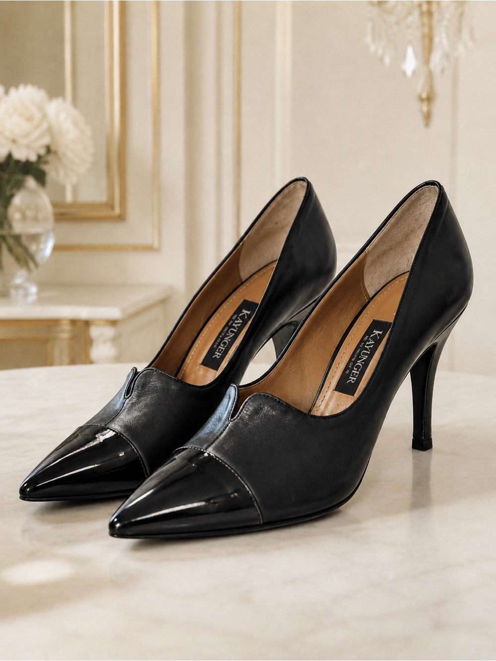 Kay Unger Black Pointed Toe Patent-Cap Pumps